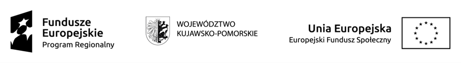 Po lewej stronie widnieje logo Funduszu Europejskiego Program Regionalny po środku widnieje herb Województwa Kujawsko- Pomorskiego natomiast po prawej stronie widnieje flaga Unii Europejskiej z napisem Europejski Fundusz Społeczny